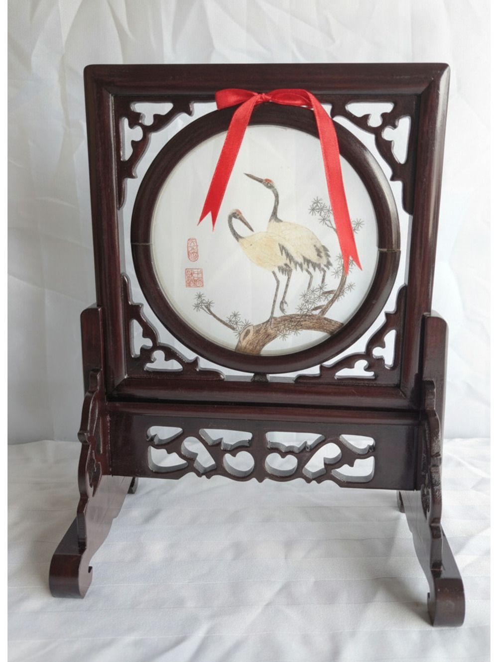 Vintage Double-Sided Chinese Hair Embroidery Table Screen with Crane Motif